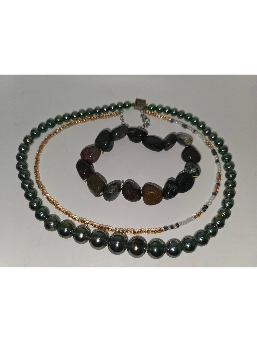 Earth Tone Jewelry Lot 3pc Hematite Glass Layered Necklace Agete Nugget Bracelet